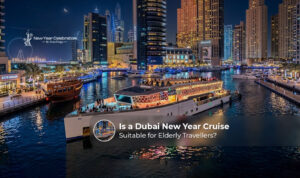 Elderly travellers enjoying a Dubai New Year cruise with fireworks views.