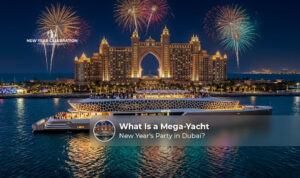 Mega-yacht New Year’s party in Dubai with stunning city views.
