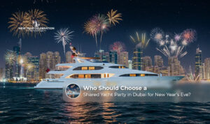 Shared yacht party in Dubai for New Year’s Eve.
