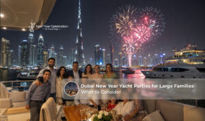 Dubai New Year yacht parties for large families with fireworks and city views.