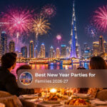 Families enjoying festive New Year celebrations with entertainment and activities in Dubai.