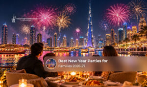 Families enjoying festive New Year celebrations with entertainment and activities in Dubai.