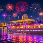 Visitors enjoying Dubai's New Year's Eve celebrations with festive city lights, fireworks, and iconic skyline views.