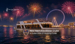 Guests enjoying a festive dinner cruise with Dubai skyline views on New Year’s Eve.